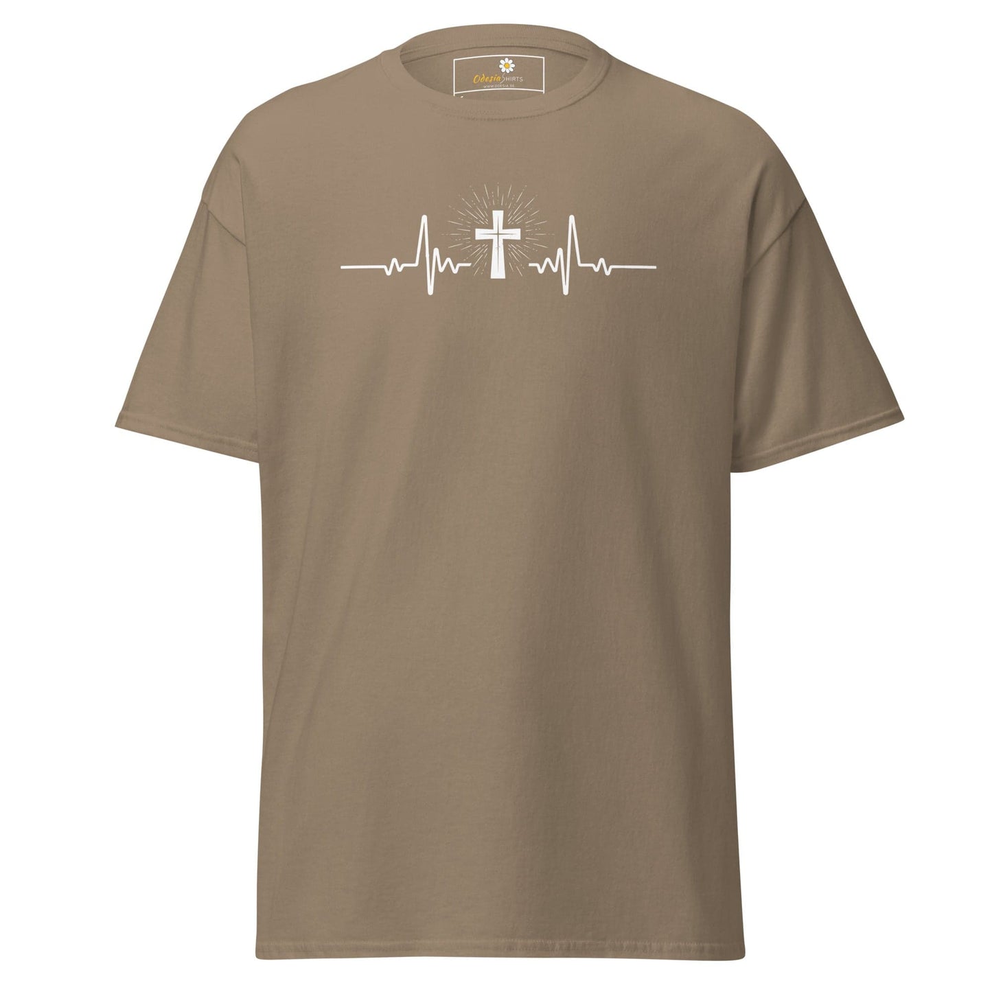 Khaki T-shirt with cross heartbeat design for Men and Women in sizes S to XL