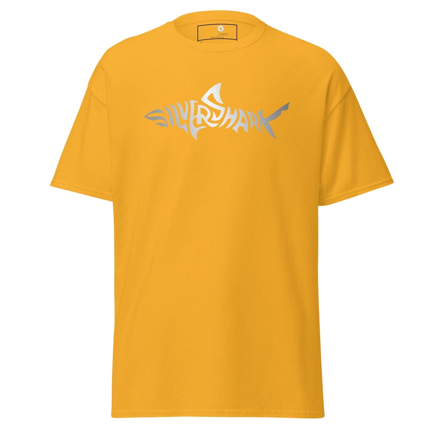 Yellow T-shirt with shark graphic from T-SHIRT DESIGN TEE for Men and Women, available in S-XL