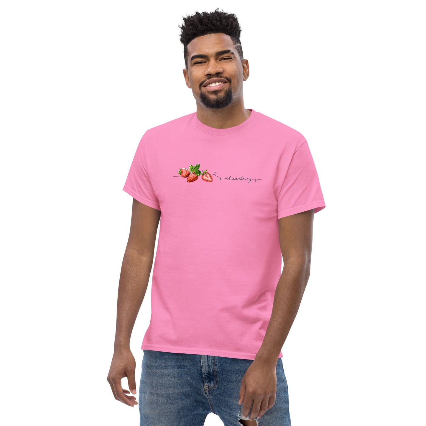 Pink t-shirt with strawberry design.