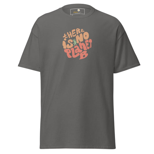 Gray t-shirt with ’There is no Planet B’ graphic.