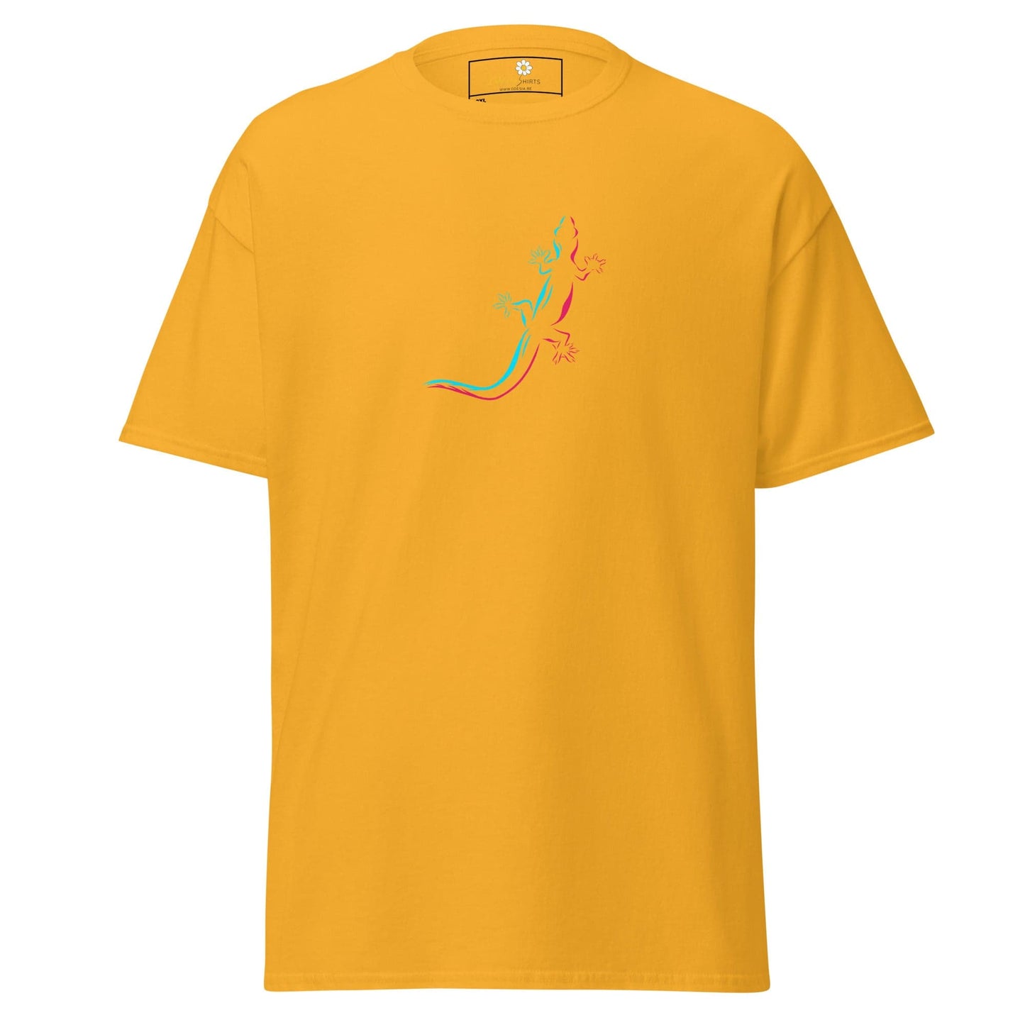 Yellow t-shirt with lizard design.
