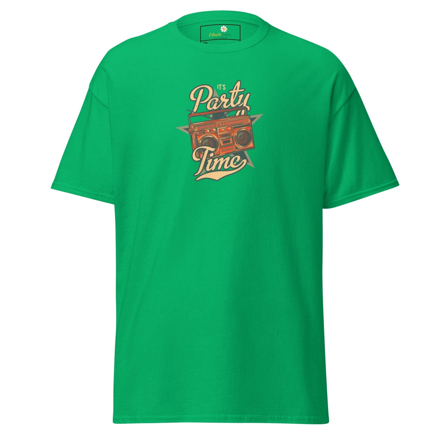 Green T-shirt with boombox graphic, available in men’s and women’s sizes 2XL to 5XL