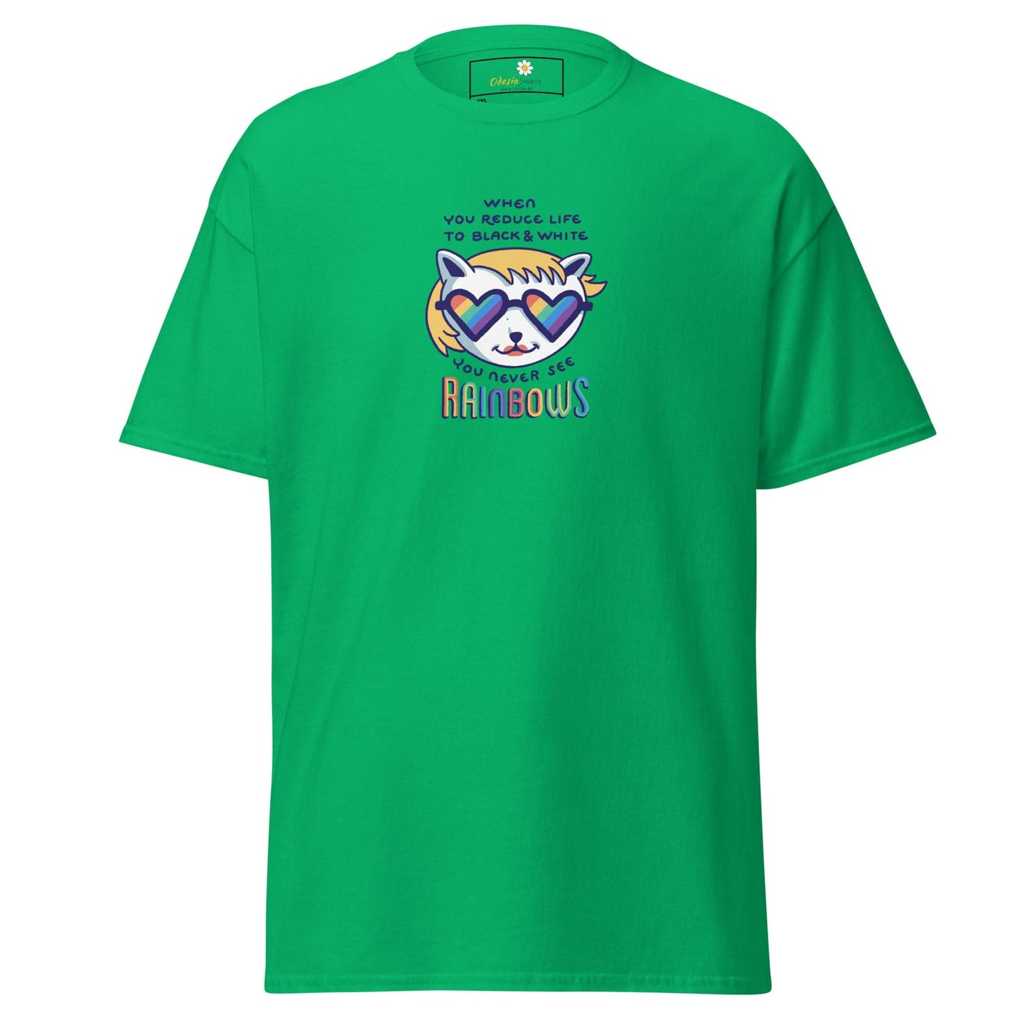 Green T-shirt with cartoon cat wearing rainbow heart sunglasses displayed in T-SHIRT DESIGN TEE