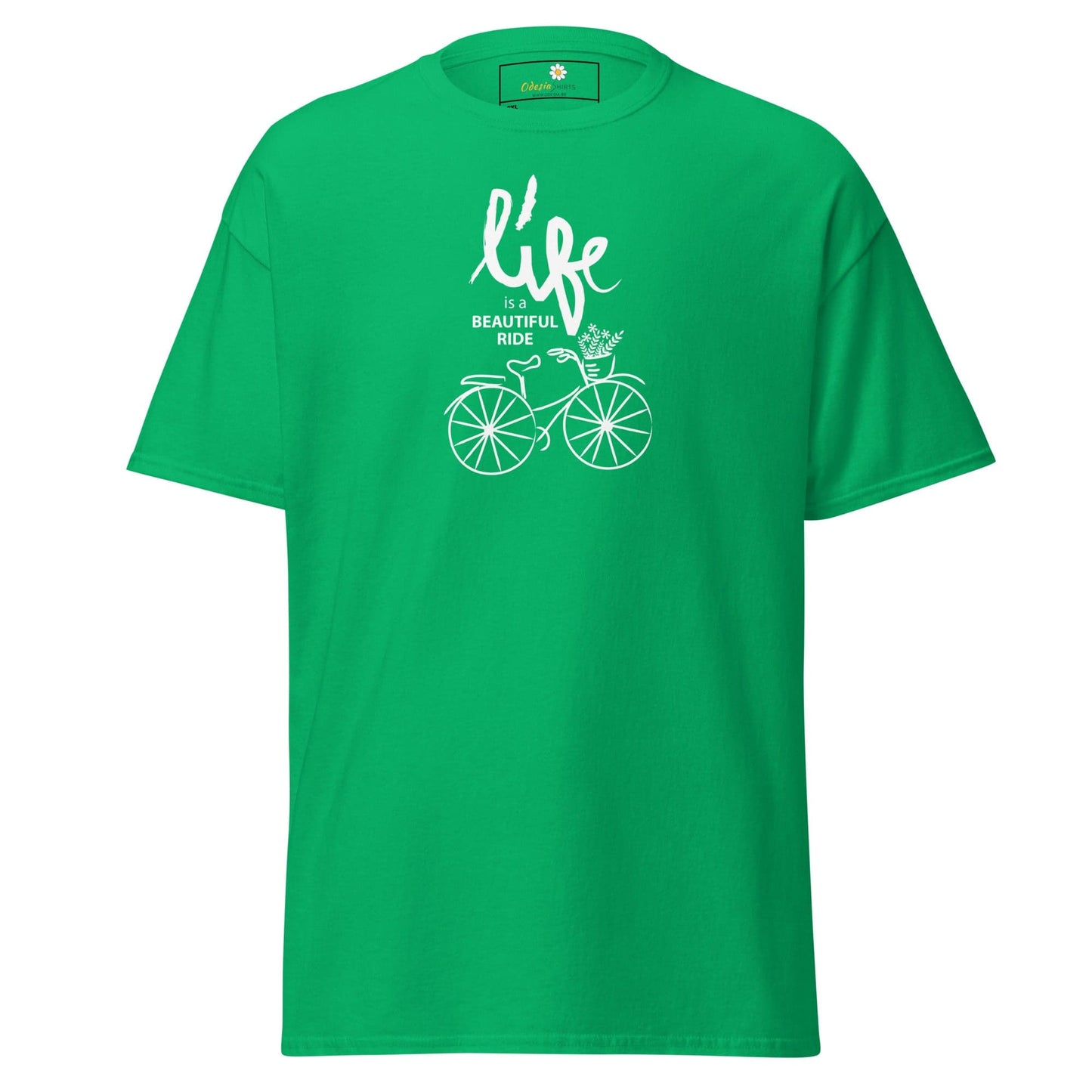Green t-shirt with bicycle graphic from T-SHIRT DESIGN TEE for men and women in plus sizes