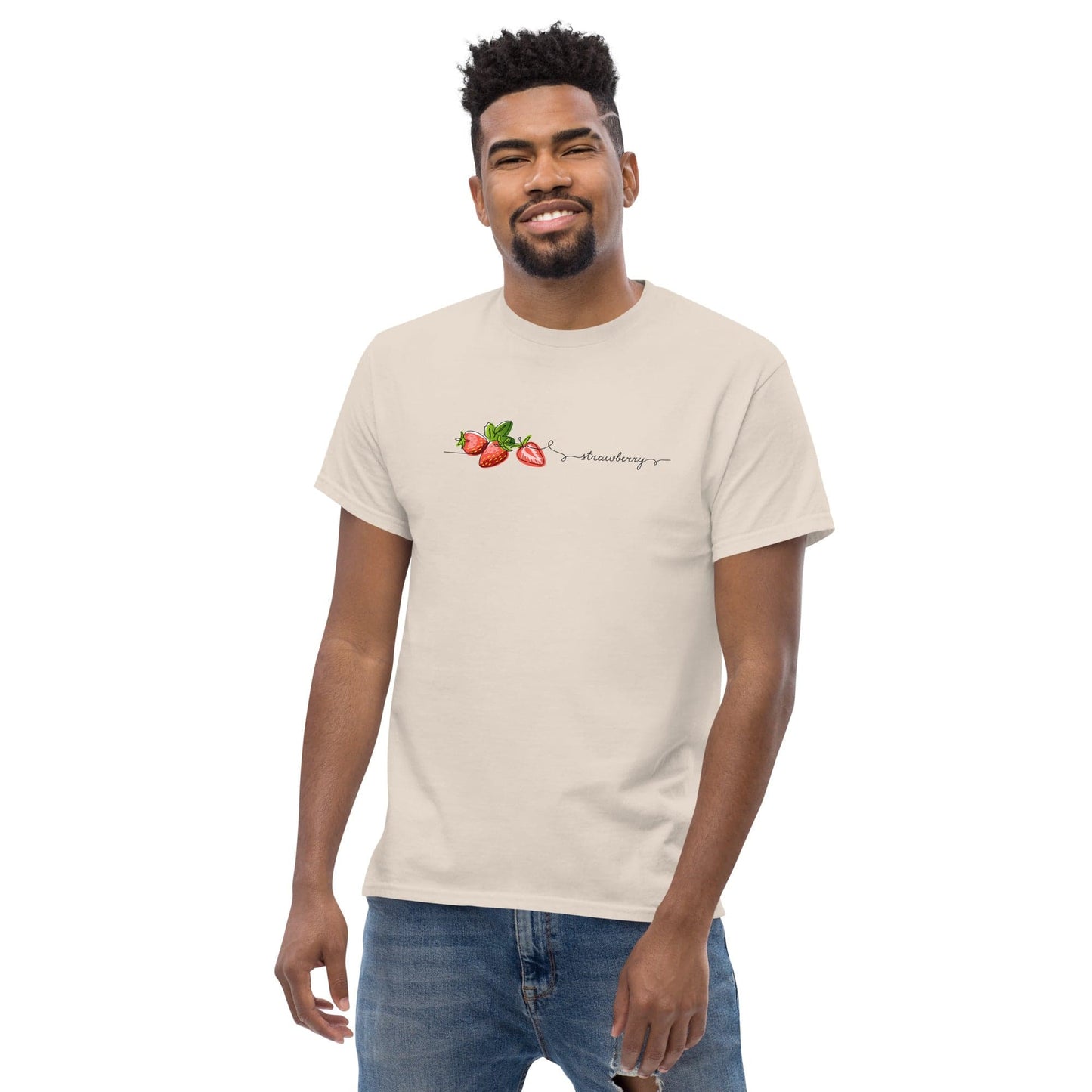 Beige t-shirt with strawberry design.