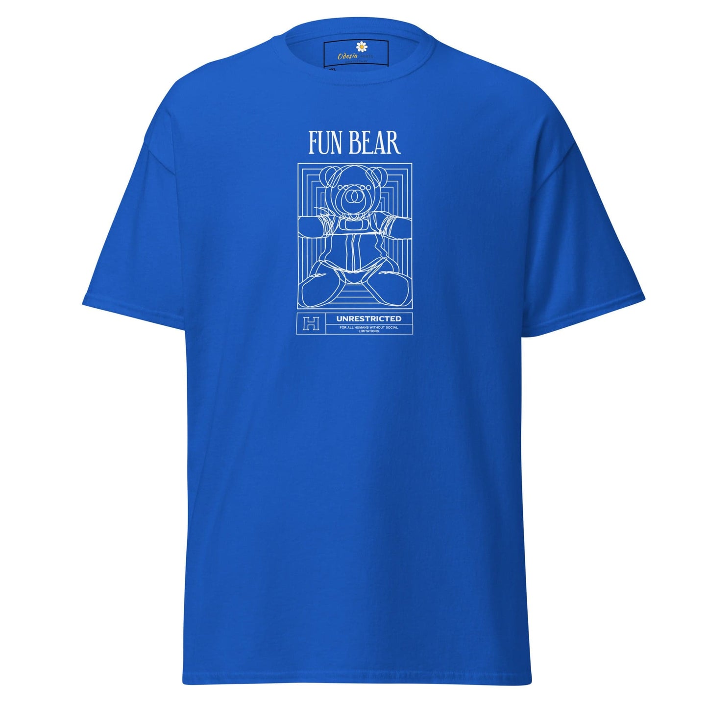 Blue t-shirt with a white bear graphic.